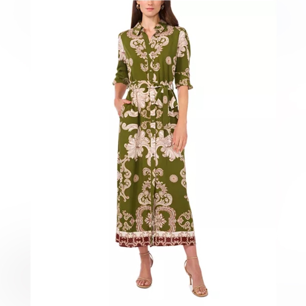 Vince Camuto Green and White Paisley Midi Dress Medium New With Tags